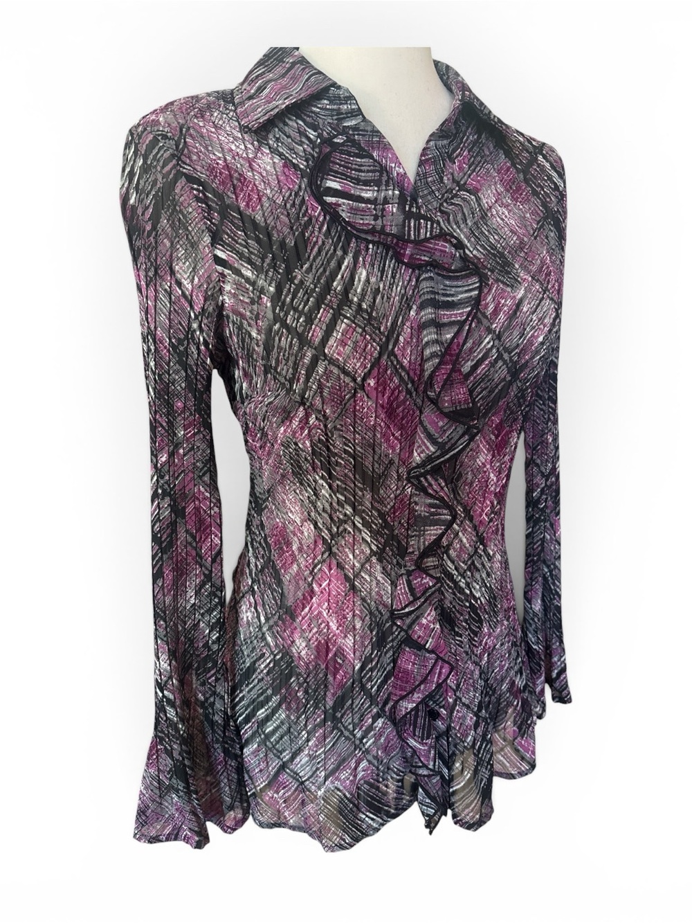 Y2K Apt. 9 Purple and Black Ruffle Front Long Sleeve Blouse
